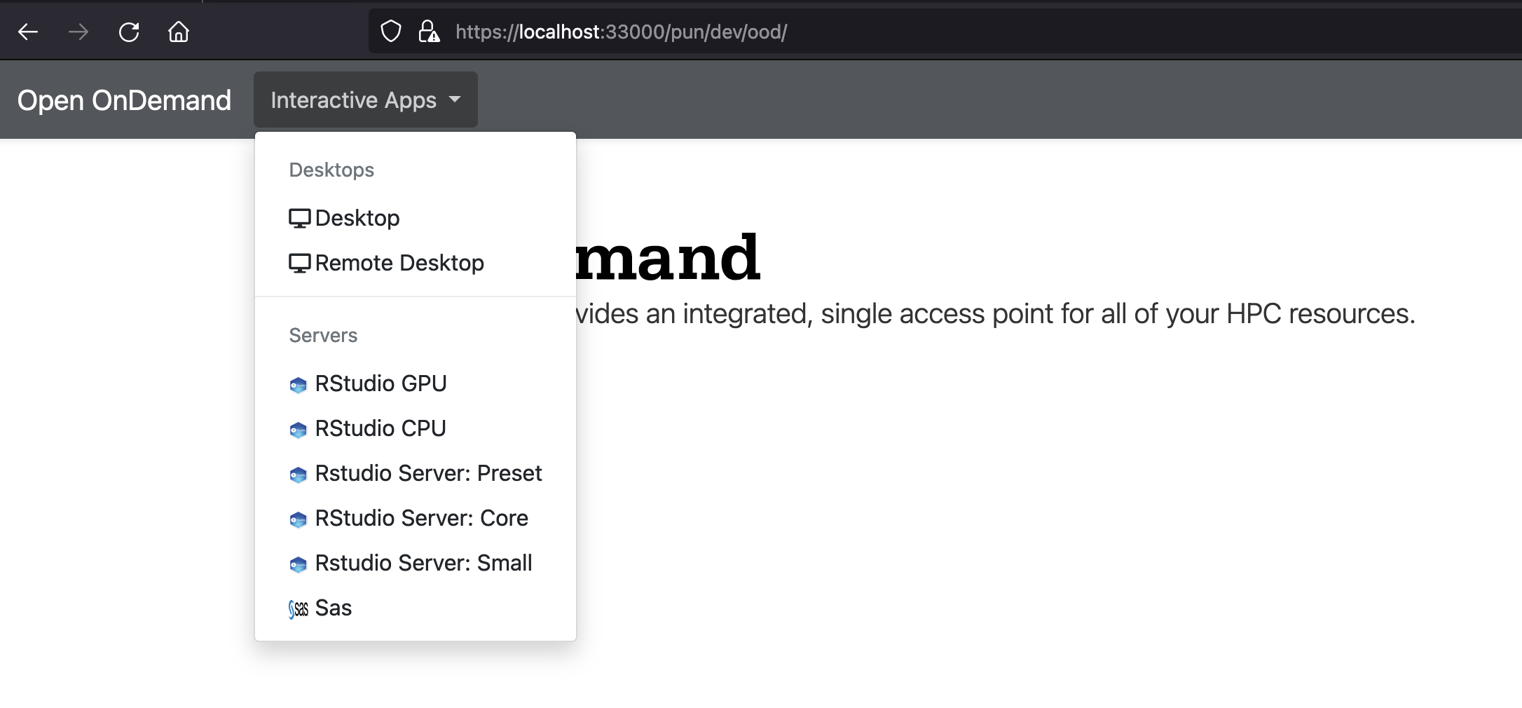 An open drop-down menu titled "Interactive Apps". The first sub-menu is titled "Desktops" and has two list items. The second sub-menu is titled "Servers" and has six list items.