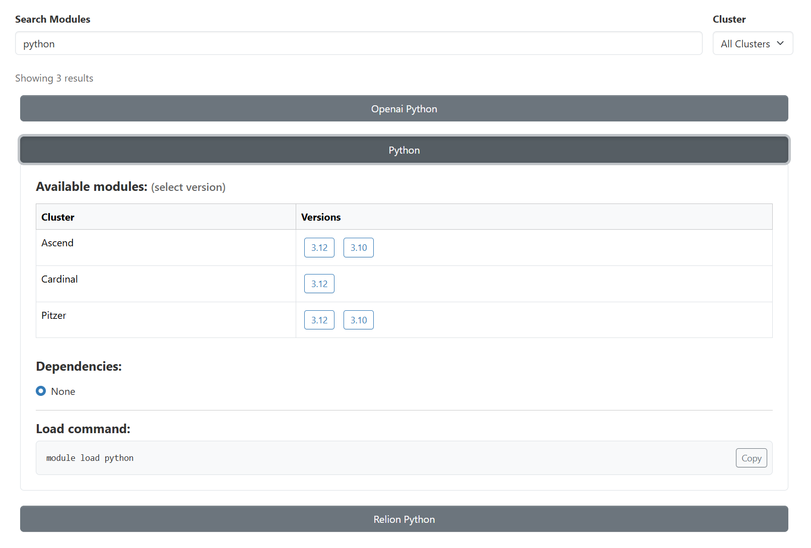 OOD module browser in action, searching for python modules and viewing the available versions