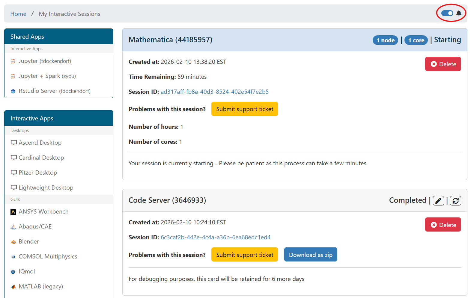 The 'My Interactive Sessions' page of Open OnDemand, highlighting the switch to enable notifications.