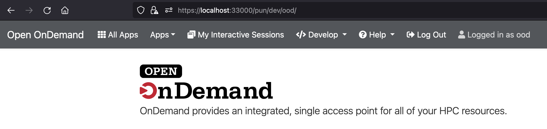 An image of the navigation bar. From left to right the items are "All Apps" link, "Apps" drop-down menu, "My Interactive Sessions" link, "Develop" drop down menu, "Help" drop down menu, "Logout" link and 'logged in as ood' text.