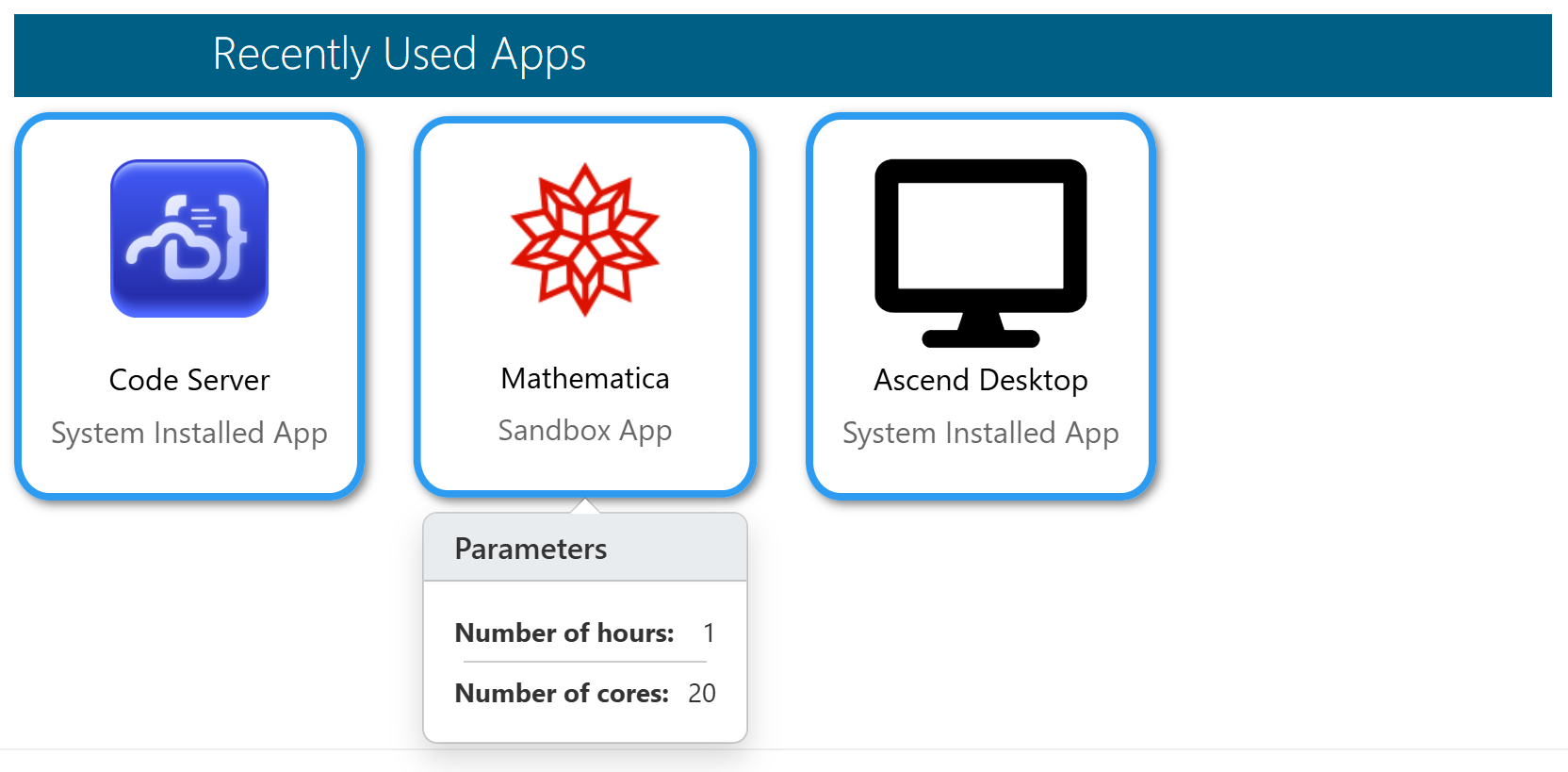 The recently used apps dashboard widget showing recent settings in a hoverable popup.