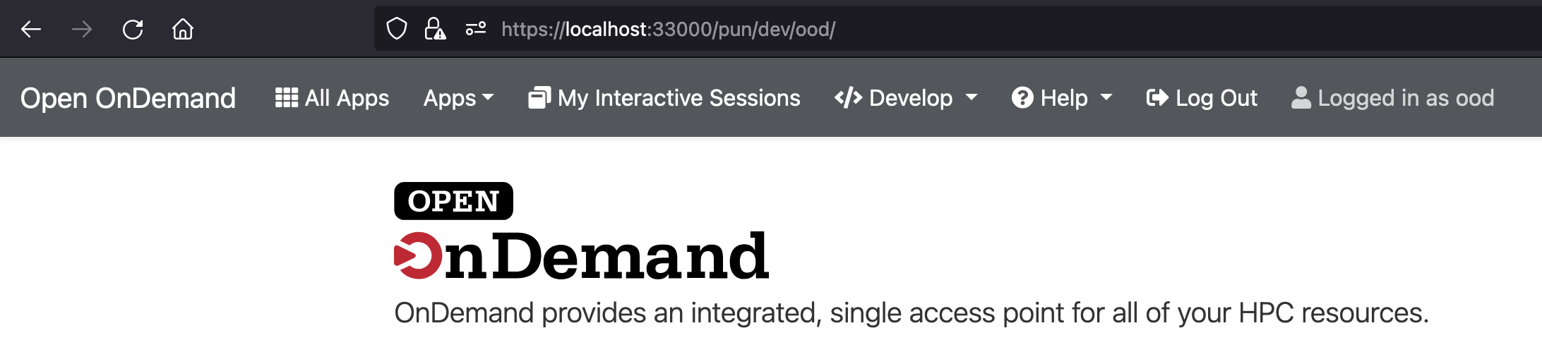 An image of the navigation bar. From left to right the items are "All Apps" link, "Apps" dropdown menu, "My Interactive Sesssions" link, "Develop" drop down menu, "Help" drop down menu, "Logout" link and 'logged in as ood' text.