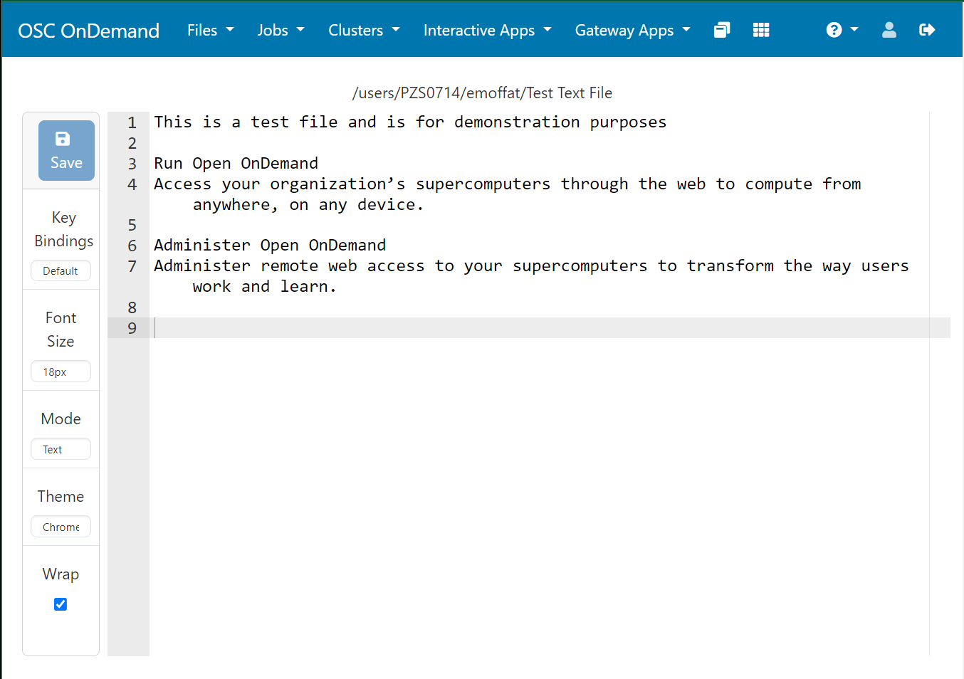 An image showing the file editor as it appears in 4.0 with the Open OnDemand navigation bar and a new panel to the left for saving and other file editor specific options.